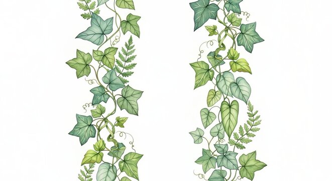 Watercolor illustration featuring two vertical borders of green ivy and fern leaves on white
