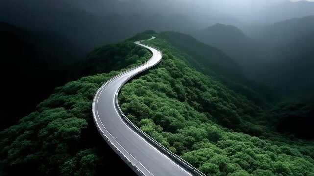 Winding mountain road connecting the distance symbolizes development and breakthrough