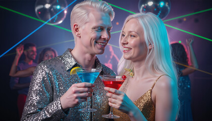 Young albinos couple toasting with cocktails at a vibrant party atmosphere  