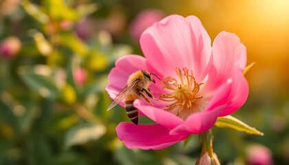 Obraz premium Honeybee collecting nectar from a vibrant pink flower in warm sunlight insect