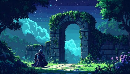 Mysterious cloaked figure before a magical stone archway in a fantasy forest at night.