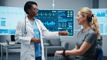 Doctor examining patient with medical data displayed on a large screen in modern clinic setting - Powered by Adobe