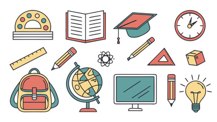 Education and learning icon set with books, graduation cap, and school tools.