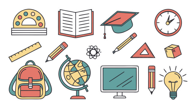 Education and learning icon set with books, graduation cap, and school tools.