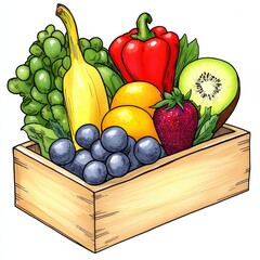 Colorful Illustration of a Wooden Crate Filled with Fresh Fruits
