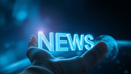 Hand holding glowing blue 3DNEWS text with globe in background news media