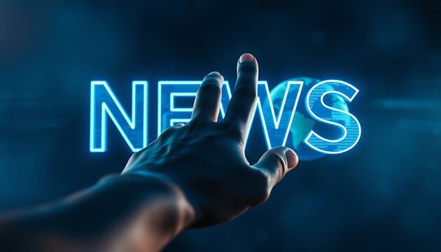 Hand touching glowing blue neon NEWS text with globe in background news media