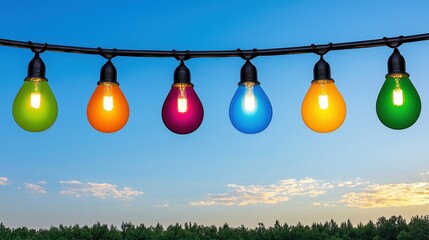 Colorful Lightbulbs Hanging Against a Sunset Sky