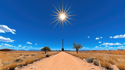 Arid Landscape with Monument and Starburst Sun