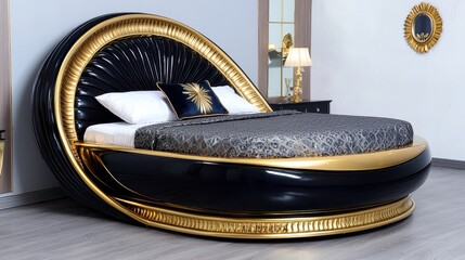 Black and Gold Round Bed with Ornate Headboard in Modern Bedroom