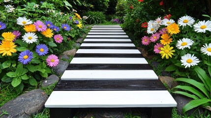 Black and White Garden Path with Colorful Daisies and Lush Greenery