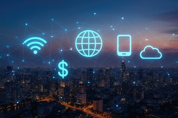 Connected city network abstract illustration with wifi globe mobile and cloud icons