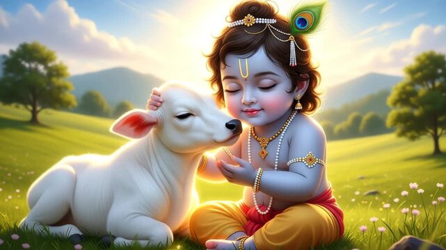 Baby krishna hugging a calf in a lush green meadow at sunrise