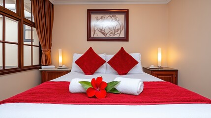 Bright Red and White Bedroom Interior with Hibiscus Flower