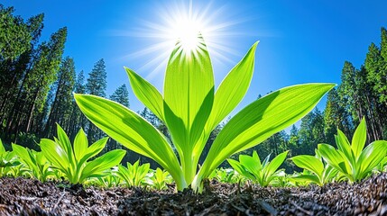 Bright Sunlight Illuminates Vibrant Green Plant Sprouts Emerging from