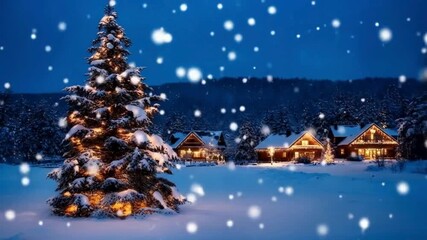 A festive Christmas scene featuring christmas tree  ,Christmas ambience, snow falling outside, Christmas ambience videos, Christmas decoration, snow falling outside, Christmas lights and snow falling - Powered by Adobe