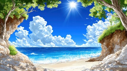 Bright Sunny Day at Serene Beach Cove, Lush Green Foliage, Blue Ocean