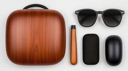 Brown Wooden Case Sunglasses and Black Accessories Flatlay Minimalist
