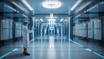 Scientist with holographic human anatomy in futuristic lab