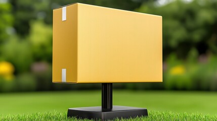 Cardboard Box on Black Pedestal in Green Lawn Product Showcase Close