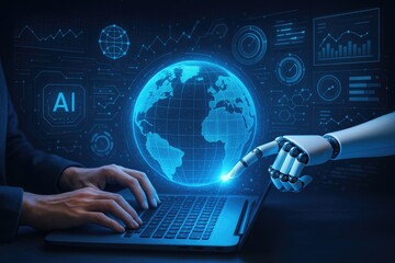 Human and robot collaborating on global AI data analytics for future technology advancements