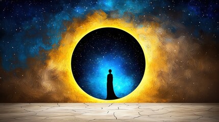 Cloaked Figure Before a Cosmic Portal Blue and Yellow Nebulae