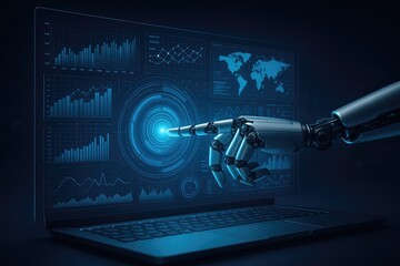 Robotic arm interacting with digital data on a futuristic interface displaying global analytics and charts, artificial intelligence, data visualization, business intelligence