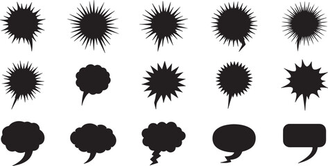 Collection of black speech bubble shapes and abstract starburst elements isolated on transparent background