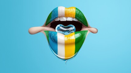 Close Up of Painted Lips in Blue White and Yellow with Dripping Paint