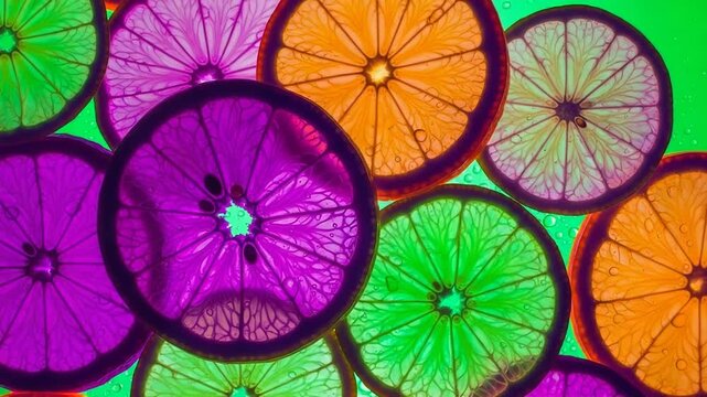 Abstract colorful citrus slices backlit with water droplets