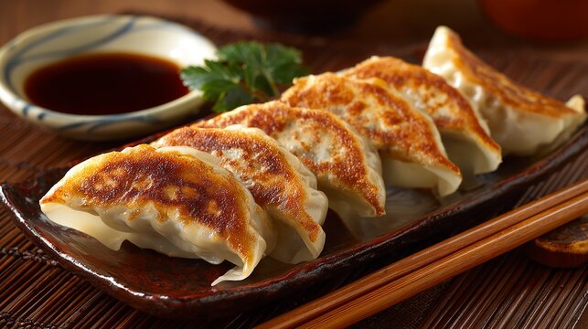 A tantalizing serving of pan fried dumplings served with soy dipping sauce