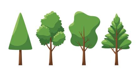 Stylized cartoon trees illustration showcasing a diverse selection of green woodland vegetation and tree types in a simplified graphic style.