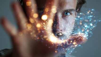 Futuristic digital transformation concept showcasing human connection with technology through magical glowing particle effects