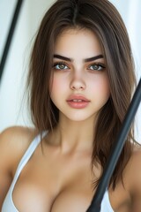 Close Up Portrait of Young Woman with Brown Hair and Green Eyes