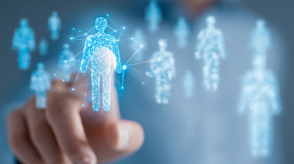 Digital human icon selection concept with glowing futuristic network connections and hand pointing in virtual hologram user interface design background