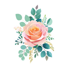 Vintage floral vector illustration featuring a beautiful bouquet of pink roses and green leaves for a romantic wedding card design