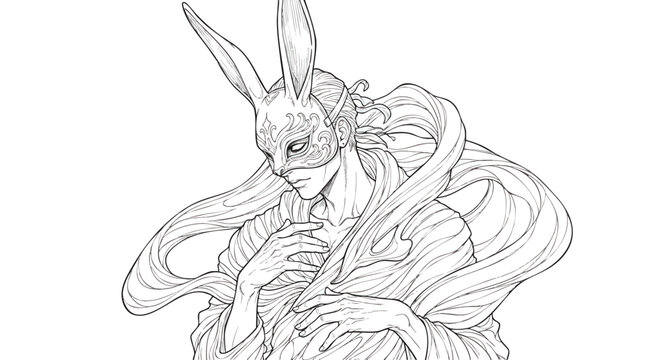 Intricate line art portrait of a mysterious character adorned with an elegant rabbit mask, surrounded by flowing ethereal fabric, evoking a sense of fantasy and wonder