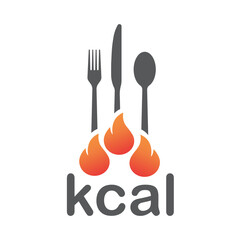 Kcal icon. Fork, knife, spoon with flame symbol for burning calories.