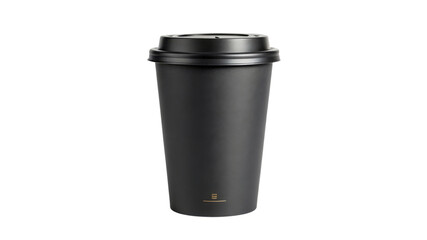 Black disposable coffee cup with lid isolated on transparent background in studio