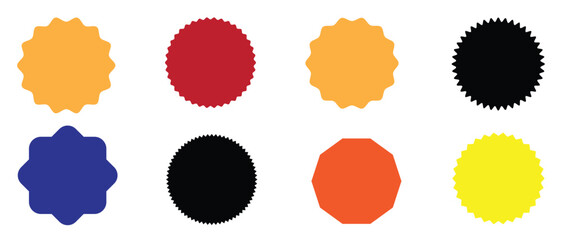 Colorful badge shape collection  round, starburst, and polygonal vector labels in bold colors for sale stickers, logo design, web graphics, and modern branding projects.