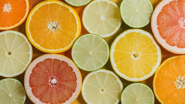 A hyper-realistic 4K photo of sliced citrus fruits &ndash; oranges, lemons, limes, and grapefruits &ndash; arran