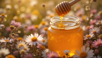 Honey drips from a dipper into a jar, surrounded by wildflowers in sunlight.