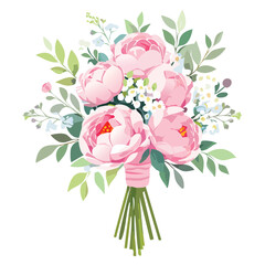 A vintage floral illustration of a bouquet of pink roses and peony blossoms with green leaf accents designed as a nature pattern for a spring wallpaper or card