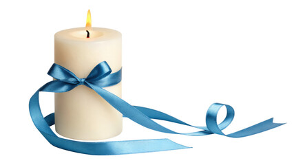 Burning candle decorated with blue ribbon isolated on transparent background