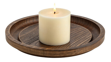 Burning white candle on a wooden stand isolated on transparent background
