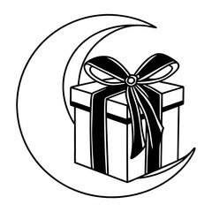 Crescent Moon Holding Gift Line Art Vector, Minimal Eid Gift Illustration, Elegant Ramadan Moon Outline, Thin Line Islamic Celebration Vector

