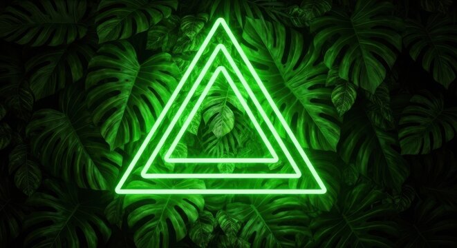 Vibrant green neon triangle lights glow amidst lush tropical foliage at night