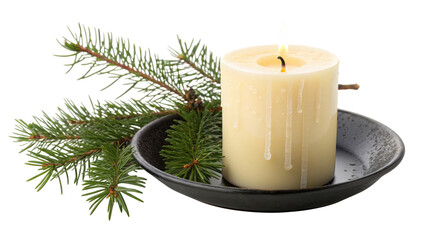 Burning candle with fir branch isolated on transparent background