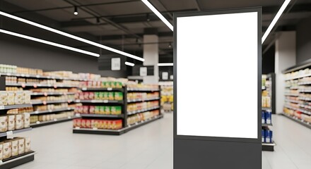 A blank advertising billboard stands in the aisle of a grocery store, offering a prime location for marketing and promotional campaigns