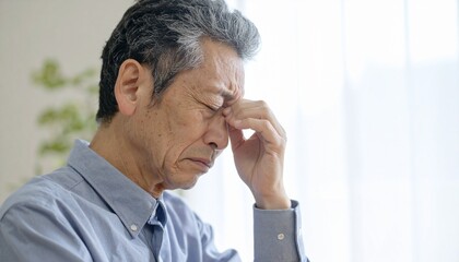 Stressed senior man rubbing temples, feeling overwhelmed and anxious about health concerns or financial worries, seeking relief from intense headache